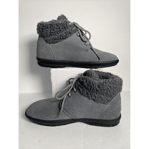 Heavenly Comfort Gray Sherpa Leather Suede Ankle Boots Size 7W Woman’s Booties - Picture 3 of 12